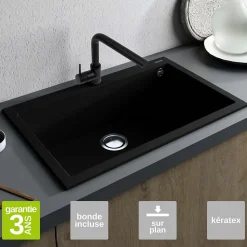 Évier à encastrer 1 Cuve 72x40x20cm - Quartz Noir Mat - Kera SE FRÉCAN