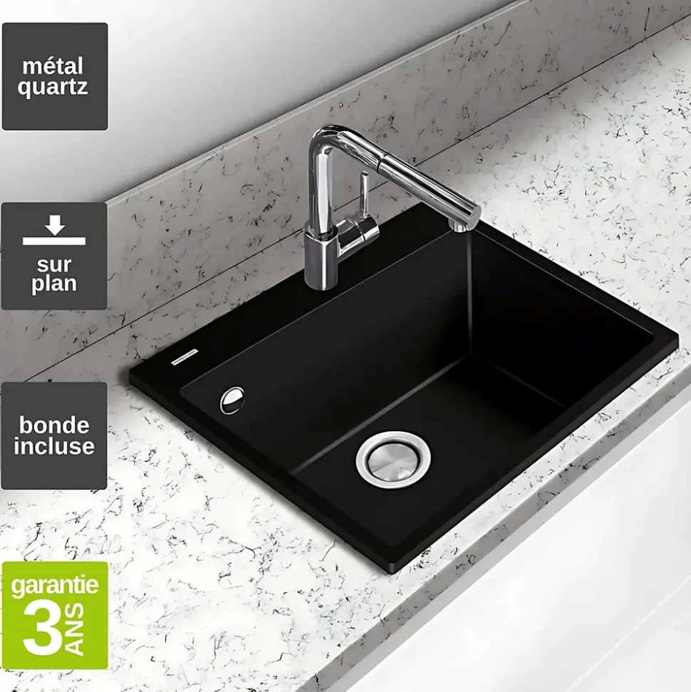 Évier à encastrer 1 Cuve 69x40x20cm - Quartz Noir Mat - Quadra SE FRÉCAN