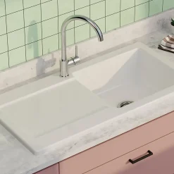 Évier céramique blanc brillant VitrA ARKITEKT 1 grand bac - 1 égouttoir