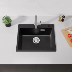 Évier Cuisine 1 Bac en Granit 55cm, Kit de Vidage, Évier Cuisine Encastré, Trous de Montage pour Robinet/Distributeur Savon, Noir