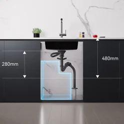 Évier Cuisine 1 Bac en Granit 55cm, Kit de Vidage, Évier Cuisine Encastré, Trous de Montage pour Robinet/Distributeur Savon, Noir