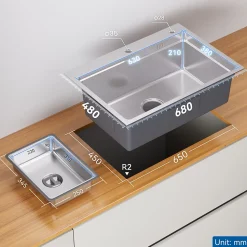 Évier Cuisine 68 cm , Évier en inox, Évier 1 Bac avec Kit de Vidage, Évier à Encastrer ou Supérieur