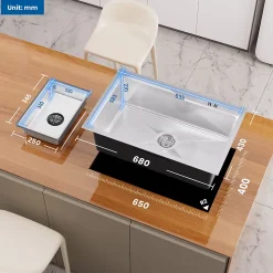 Évier Cuisine 68 cm , Évier en inox, Évier 1 Bac avec Kit de Vidage, Évier à Encastrer