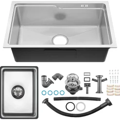 Évier Cuisine 68 cm , Évier en inox, Évier 1 Bac avec Kit de Vidage, Évier à Encastrer