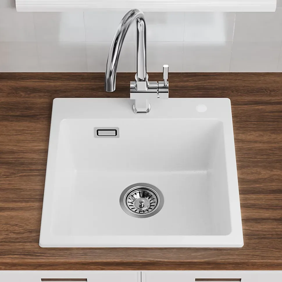 Évier Cuisine en Granit Blanc, CECIPA Max Évier à Encastrer 50 x 45cm ,Évier 1 Bac Noir , Kit de Vidage