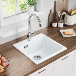 Évier Cuisine en Granit Blanc, CECIPA Max Évier à Encastrer 50 x 45cm ,Évier 1 Bac Noir , Kit de Vidage