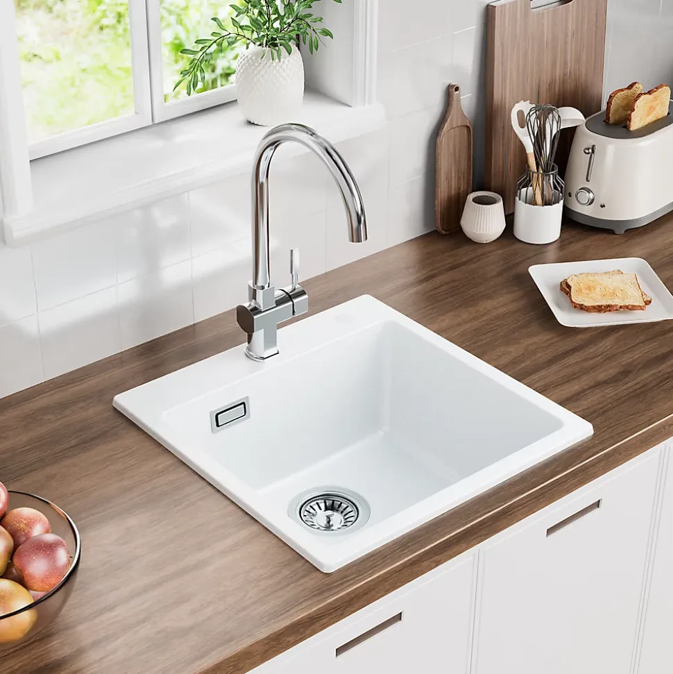 Évier Cuisine en Granit Blanc, CECIPA Max Évier à Encastrer 50 x 45cm ,Évier 1 Bac Noir , Kit de Vidage