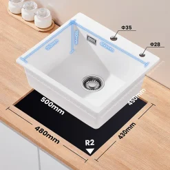 Évier Cuisine en Granit Blanc, CECIPA Max Évier à Encastrer 50 x 45cm ,Évier 1 Bac Noir , Kit de Vidage