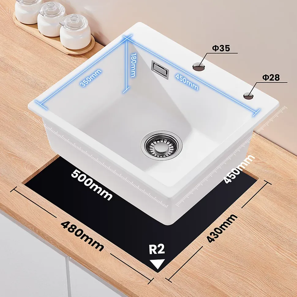 Évier Cuisine en Granit Blanc, CECIPA Max Évier à Encastrer 50 x 45cm ,Évier 1 Bac Noir , Kit de Vidage