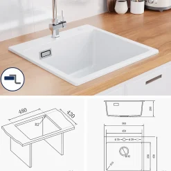 Évier Cuisine en Granit Blanc, CECIPA Max Évier à Encastrer 50 x 45cm ,Évier 1 Bac Noir , Kit de Vidage