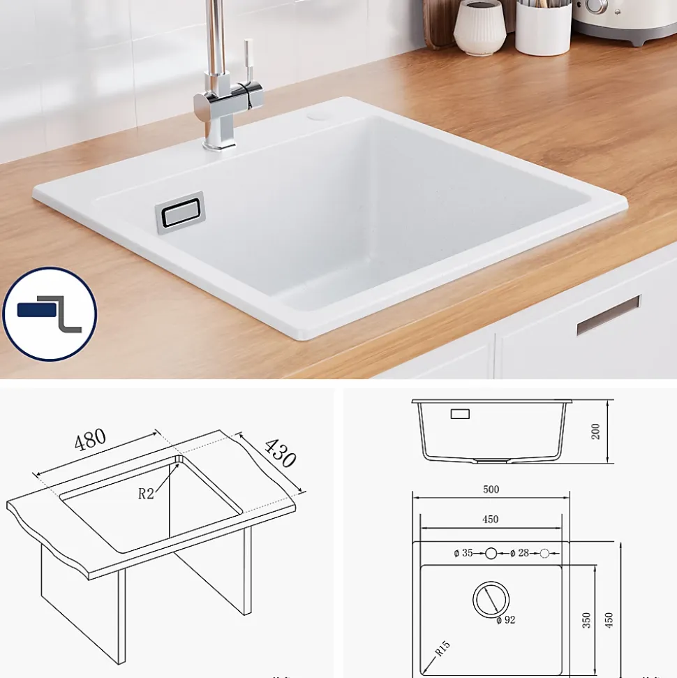 Évier Cuisine en Granit Blanc, CECIPA Max Évier à Encastrer 50 x 45cm ,Évier 1 Bac Noir , Kit de Vidage