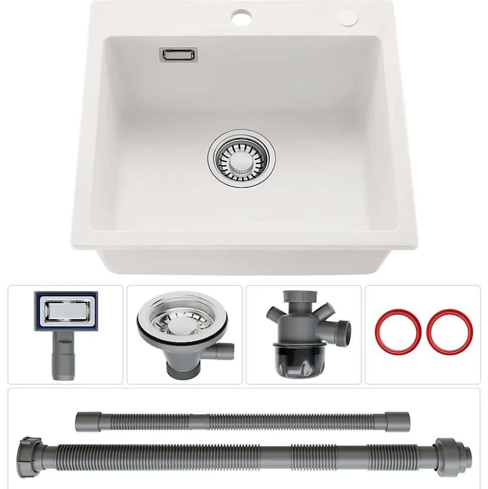 Évier Cuisine en Granit Blanc, CECIPA Max Évier à Encastrer 50 x 45cm ,Évier 1 Bac Noir , Kit de Vidage