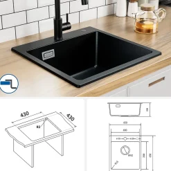 Évier Cuisine en Granit Noir, Auralum Max Évier à Encastrer 45 x 45cm ,Évier 1 Bac Noir , Kit de Vidage