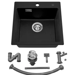 Évier Cuisine en Granit Noir, Auralum Max Évier à Encastrer 45 x 45cm ,Évier 1 Bac Noir , Kit de Vidage