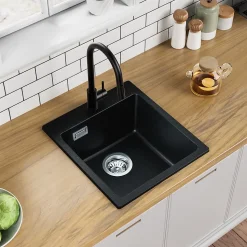 Évier Cuisine en Granit Noir, CECIPA Max Évier à Encastrer 40 x 45cm ,Évier 1 Bac Noir , Kit de Vidage