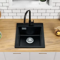 Évier Cuisine en Granit Noir, CECIPA Max Évier à Encastrer 40 x 45cm ,Évier 1 Bac Noir , Kit de Vidage