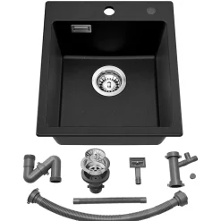 Évier Cuisine en Granit Noir, CECIPA Max Évier à Encastrer 40 x 45cm ,Évier 1 Bac Noir , Kit de Vidage