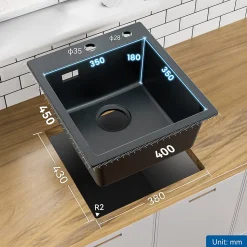 Évier Cuisine en Granit Noir, CECIPA Max Évier à Encastrer 40 x 45cm ,Évier 1 Bac Noir , Kit de Vidage