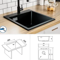 Évier Cuisine en Granit Noir, CECIPA Max Évier à Encastrer 40 x 45cm ,Évier 1 Bac Noir , Kit de Vidage