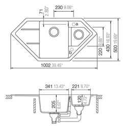 Évier d'angle granit blanc LOKTI 1 bac et demi - 1 égouttoir