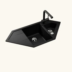 Évier d'angle granit noir LOKTI 1 bac et demi - 1 égouttoir