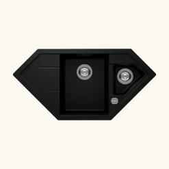 Évier d'angle granit noir LOKTI 1 bac et demi - 1 égouttoir