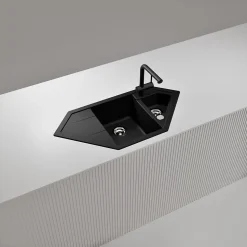 Évier d'angle granit noir LOKTI 1 bac et demi - 1 égouttoir