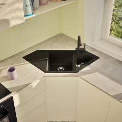 Évier d'angle granit noir LOKTI 1 bac et demi - 1 égouttoir