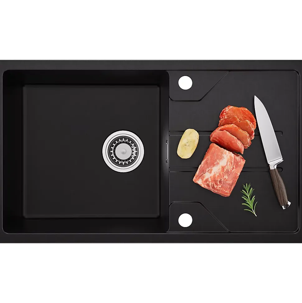 Évier de Cuisine 78 cm, Cecipa MAX Évier en Granit Noir , Évier 1 Bac avec Panier de Drainage