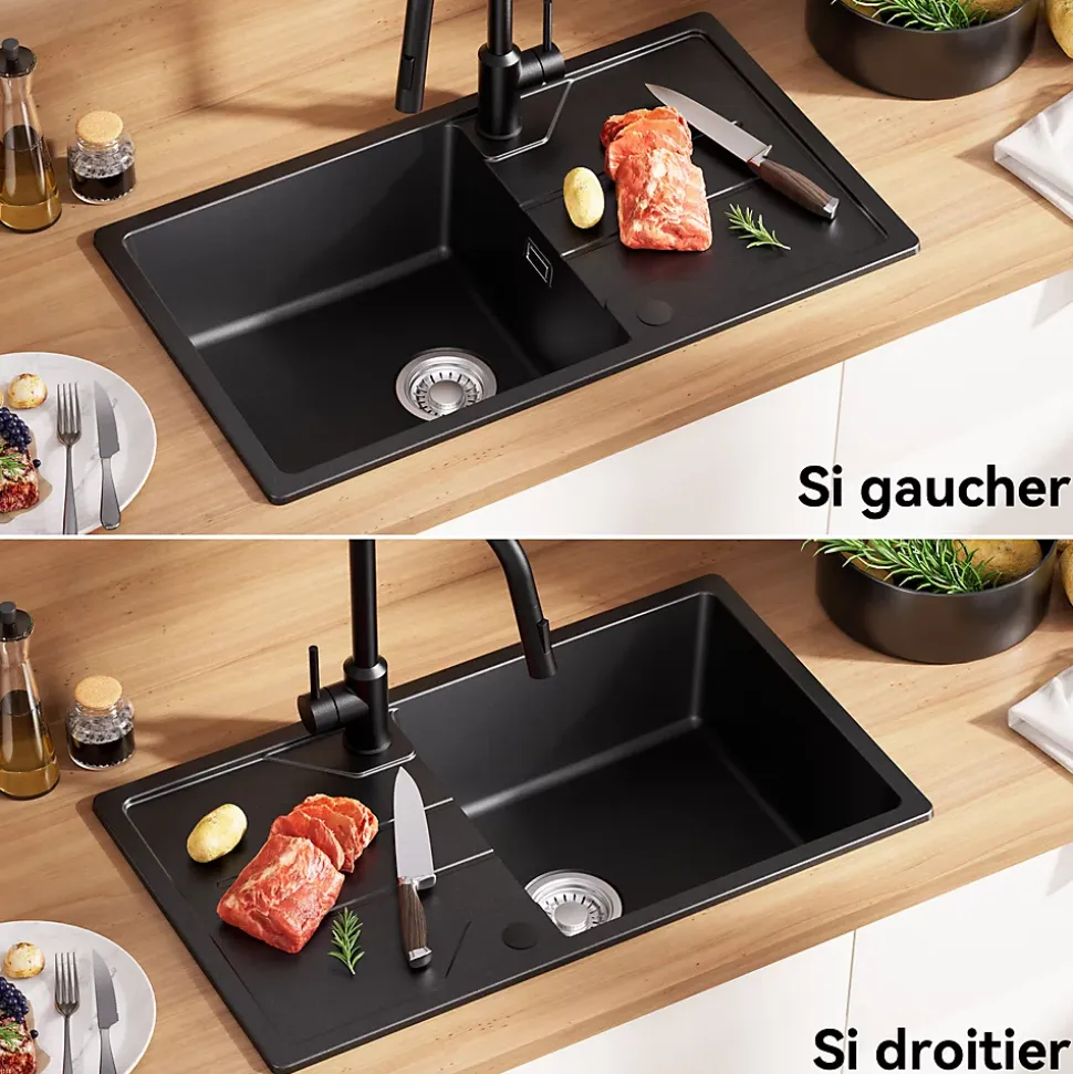 Évier de Cuisine 78 cm, Cecipa MAX Évier en Granit Noir , Évier 1 Bac avec Panier de Drainage