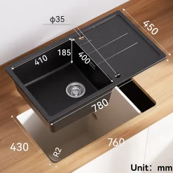 Évier de Cuisine 78 cm, Cecipa MAX Évier en Granit Noir , Évier 1 Bac avec Panier de Drainage