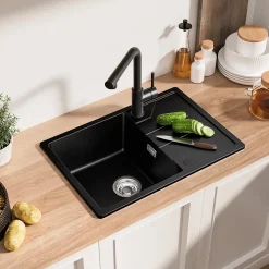 Évier de Cuisine 65 cm, SOFETIY MAX Évier en Granit Noir , Évier 1 Bac avec Panier de Drainage