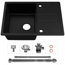 Évier de Cuisine 65 cm, SOFETIY MAX Évier en Granit Noir , Évier 1 Bac avec Panier de Drainage