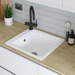 Évier de cuisine 1 cuve en composite de quartz blanc mat avec accessoires Romesco GoodHome