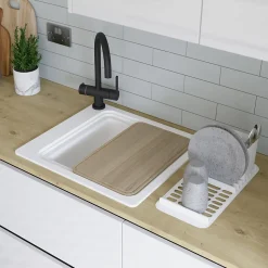 Évier de cuisine 1 cuve en composite de quartz blanc mat avec accessoires Romesco GoodHome