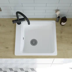 Évier de cuisine 1 cuve en composite de quartz blanc mat avec accessoires Romesco GoodHome