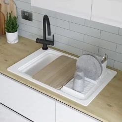Évier de cuisine 1 cuve et 1 égouttoir en composite de quartz blanc mat avec accessoires Romesco GoodHome