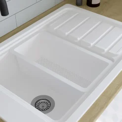 Évier de cuisine 1 cuve et 1 égouttoir en composite de quartz blanc mat avec accessoires Romesco GoodHome