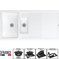 Évier de cuisine à encastrer 2 cuves avec égouttoir bacs en résine minérale blanc 120 x 60 cm