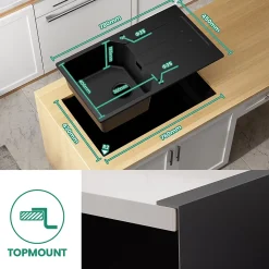 Évier de Cuisine 70 x 45 cm, Anycee MAX Évier en granit , Évier 1 Bac avec Panier de Drainage + Distributeur de Savon