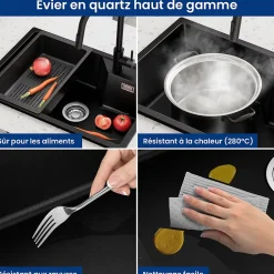 Évier de Cuisine 65 x 45 cm, Cecipa MAX Évier en Granit Noir, Évier 1 Bac avec Panier de Drainage , Évier à Encastrer