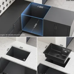 Évier de Cuisine 65 x 45 cm, Cecipa MAX Évier en Granit Noir, Évier 1 Bac avec Panier de Drainage , Évier à Encastrer