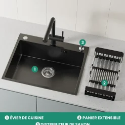 Évier de Cuisine 60 x 49 cm, CECIPA MAX Évier carré en inox brossé, Évier 1 Bac, avec Distributeur de savon et Panier égouttoir