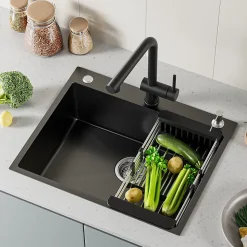 Évier de Cuisine 60 x 49 cm, CECIPA MAX Évier carré en inox brossé, Évier 1 Bac, avec Distributeur de savon et Panier égouttoir