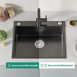 Évier de Cuisine 60 x 49 cm, CECIPA MAX Évier carré en inox brossé, Évier 1 Bac, avec Distributeur de savon et Panier égouttoir