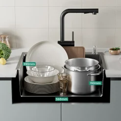 Évier de Cuisine 60 x 49 cm, CECIPA MAX Évier carré en inox brossé, Évier 1 Bac, avec Distributeur de savon et Panier égouttoir