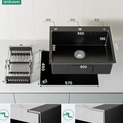 Évier de Cuisine 60 x 49 cm, CECIPA MAX Évier carré en inox brossé, Évier 1 Bac, avec Distributeur de savon et Panier égouttoir