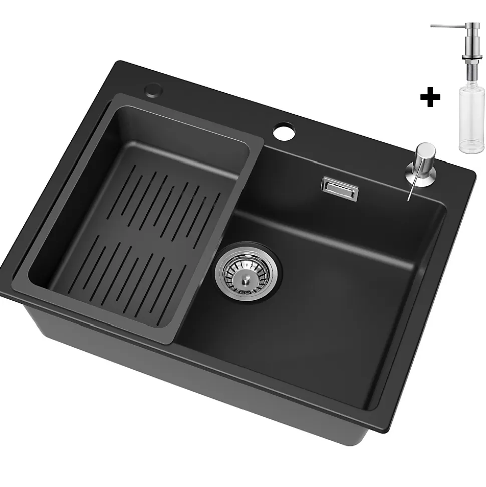 Évier de Cuisine 60 x 45 cm, CECIPA MAX Évier en granit , Évier 1 Bac avec Panier de Drainage + Distributeur de Savon