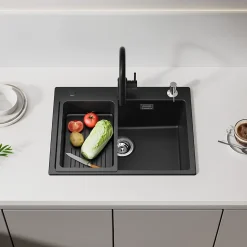 Évier de Cuisine 60 x 45 cm, CECIPA MAX Évier en granit , Évier 1 Bac avec Panier de Drainage + Distributeur de Savon