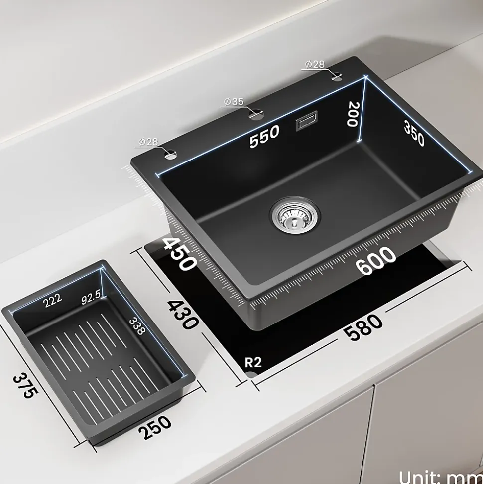 Évier de Cuisine 60 x 45 cm, CECIPA MAX Évier en granit , Évier 1 Bac avec Panier de Drainage + Distributeur de Savon